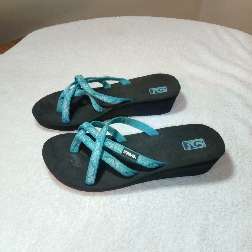 Teva Black and Teal Wedge Sandals
